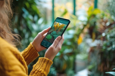 Person using a mobile app to identify a plant species outdoors